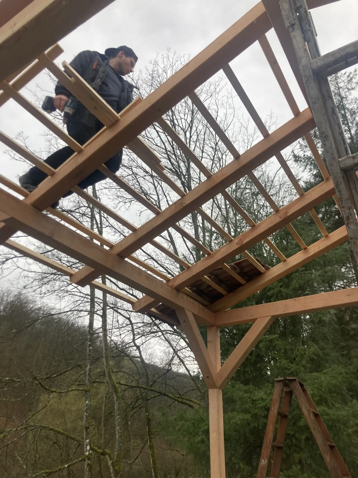 Dachstuhl des Pavillons von unten, Sparren und Kopfbänder